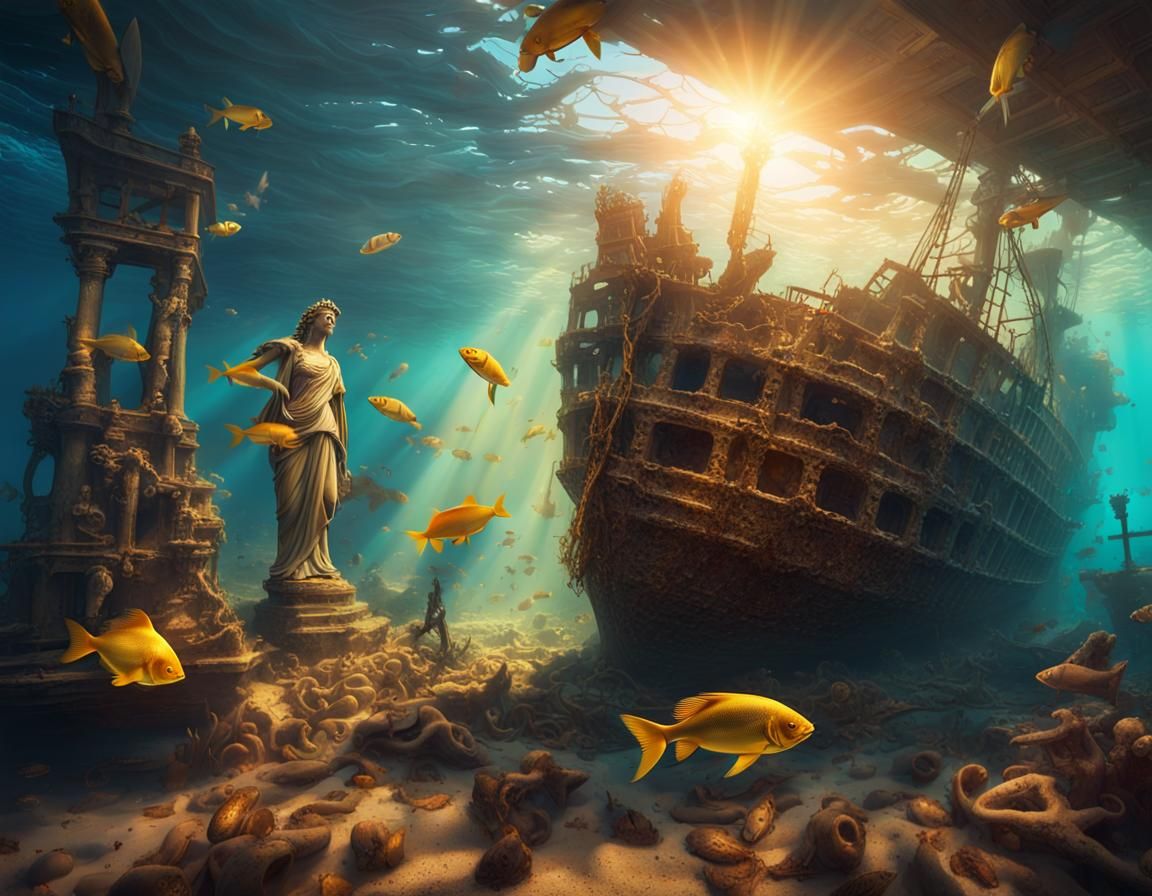 Sunken Shipwreck and Statue in Hyperrealistic Style