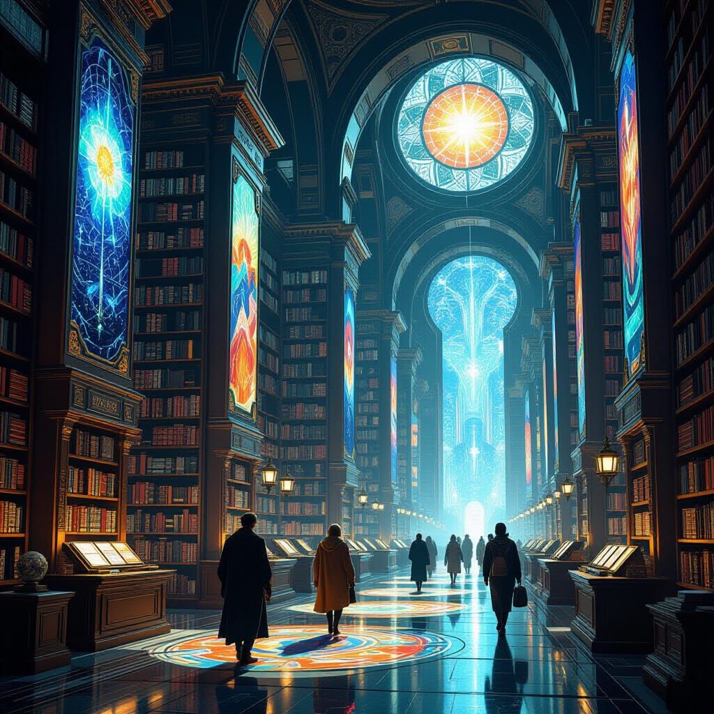 Futuristic Hidden Library in Vintage Travel Poster Style