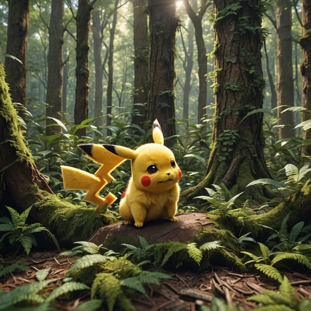 Pikachu plays peek a boo in the forest 8k hyperreal super re...