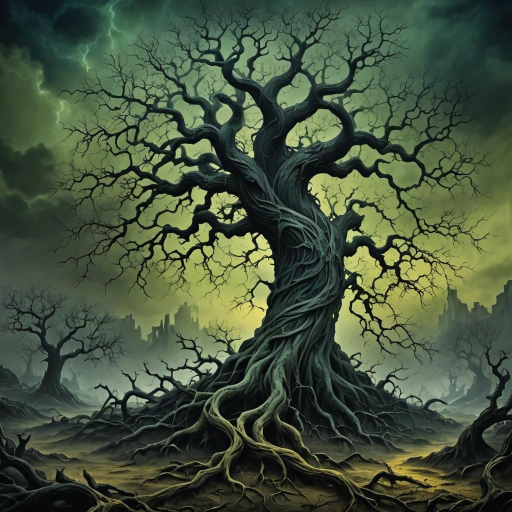 Dark Surrealist Kabbalist Tree in Ancient Landscape