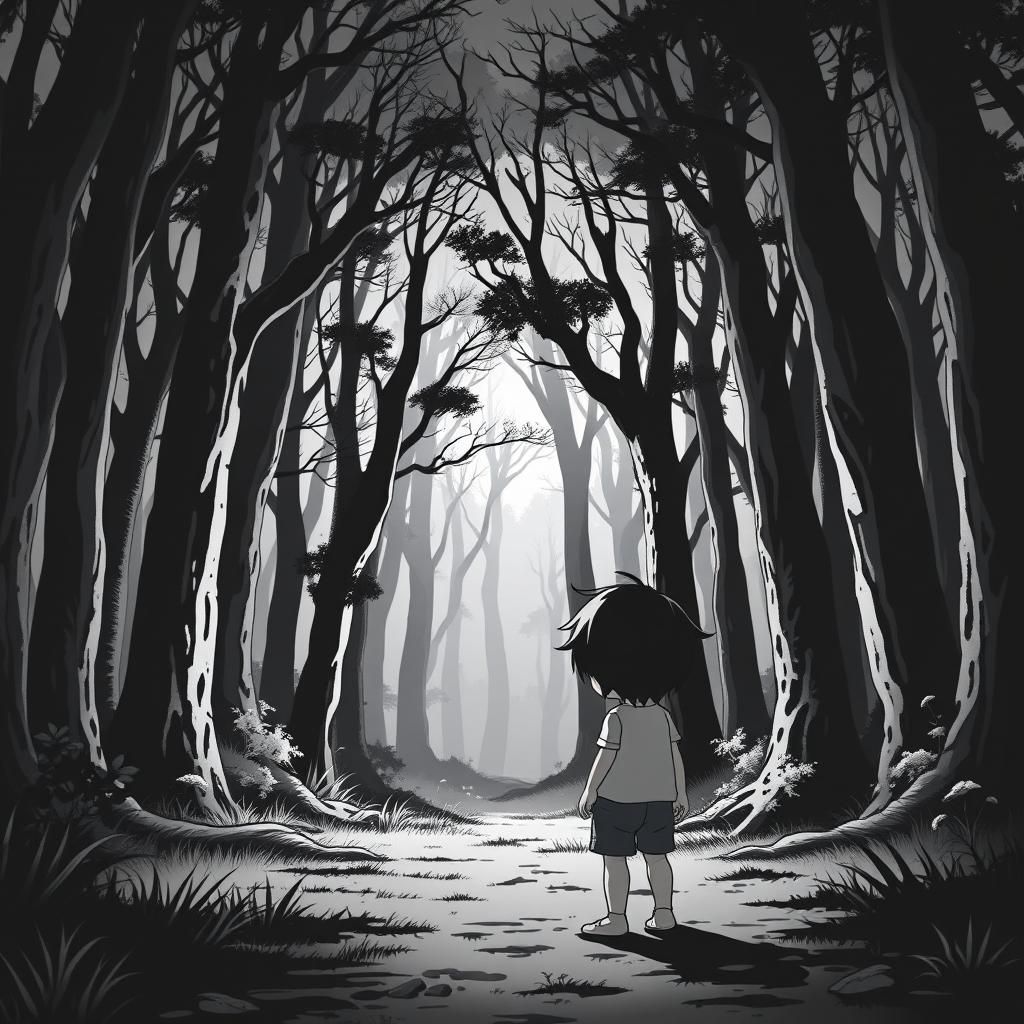 Child Confronts Dark Forest: Black and White Anime Style