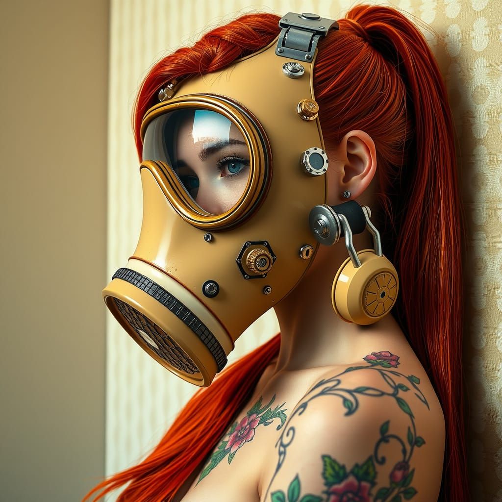 The composition showcases a woman adorned in a striking, intricately designed full head gas mask that diverges from trad...