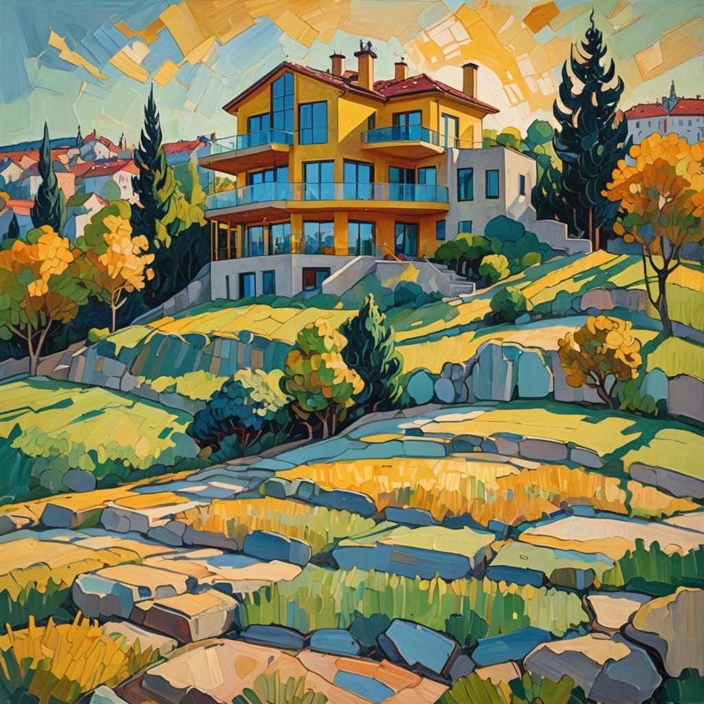 Modern Villa in Prague as Neo-Expressionist Oil Painting