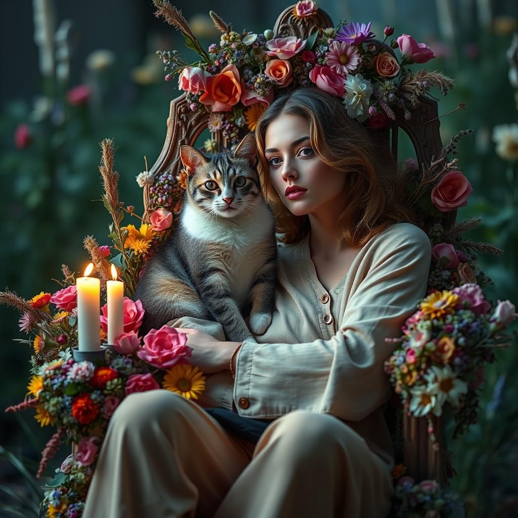 Model and Cat in Surreal Flower Chair