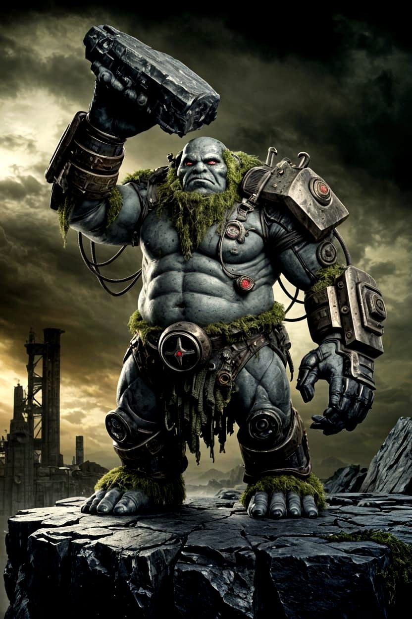 Cybernetic Stone Troll in Dystopian Landscape