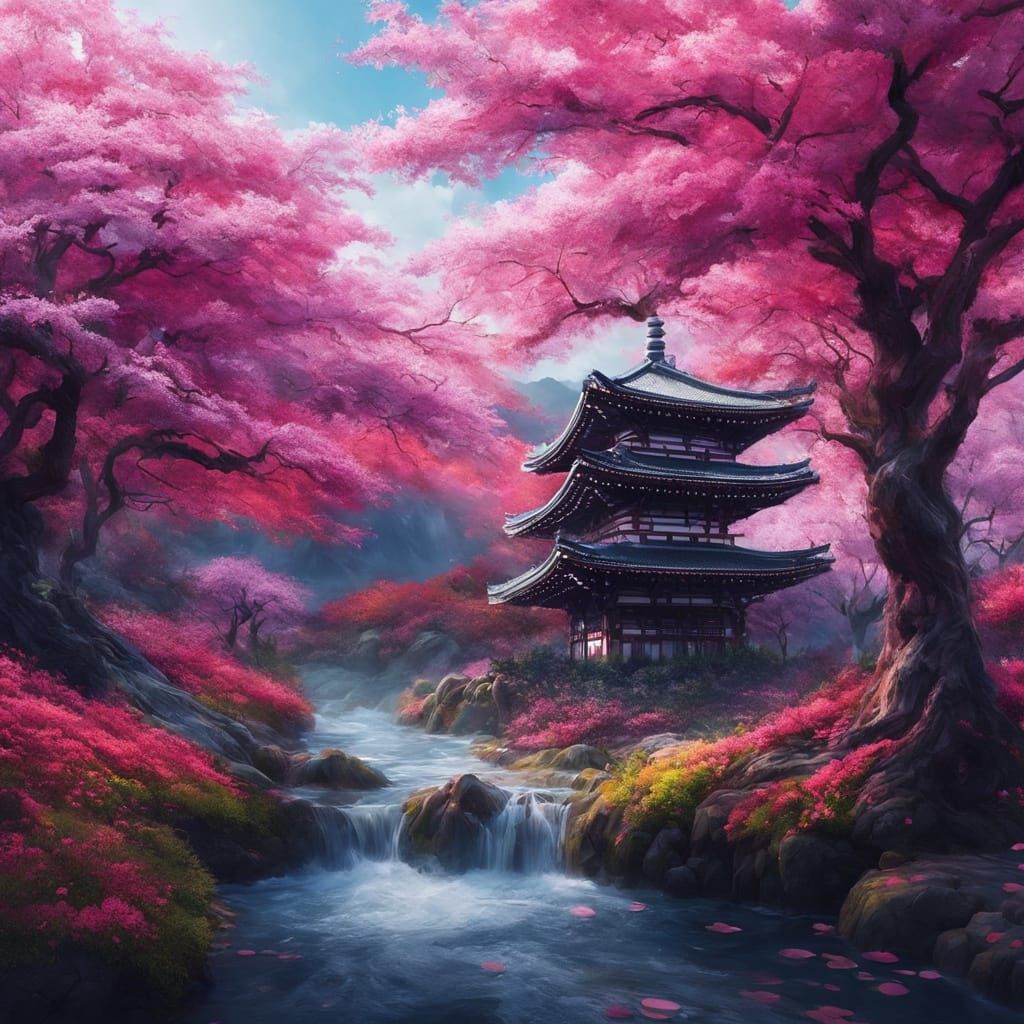 Sakura Tree in a Vibrant Japanese Landscape