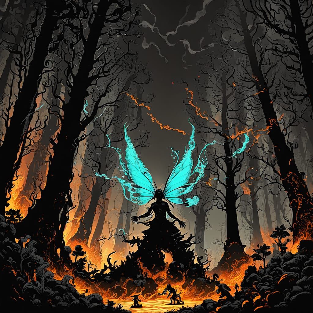 Smoky Fairy in Charred Forest: Hyperrealistic Concept Art