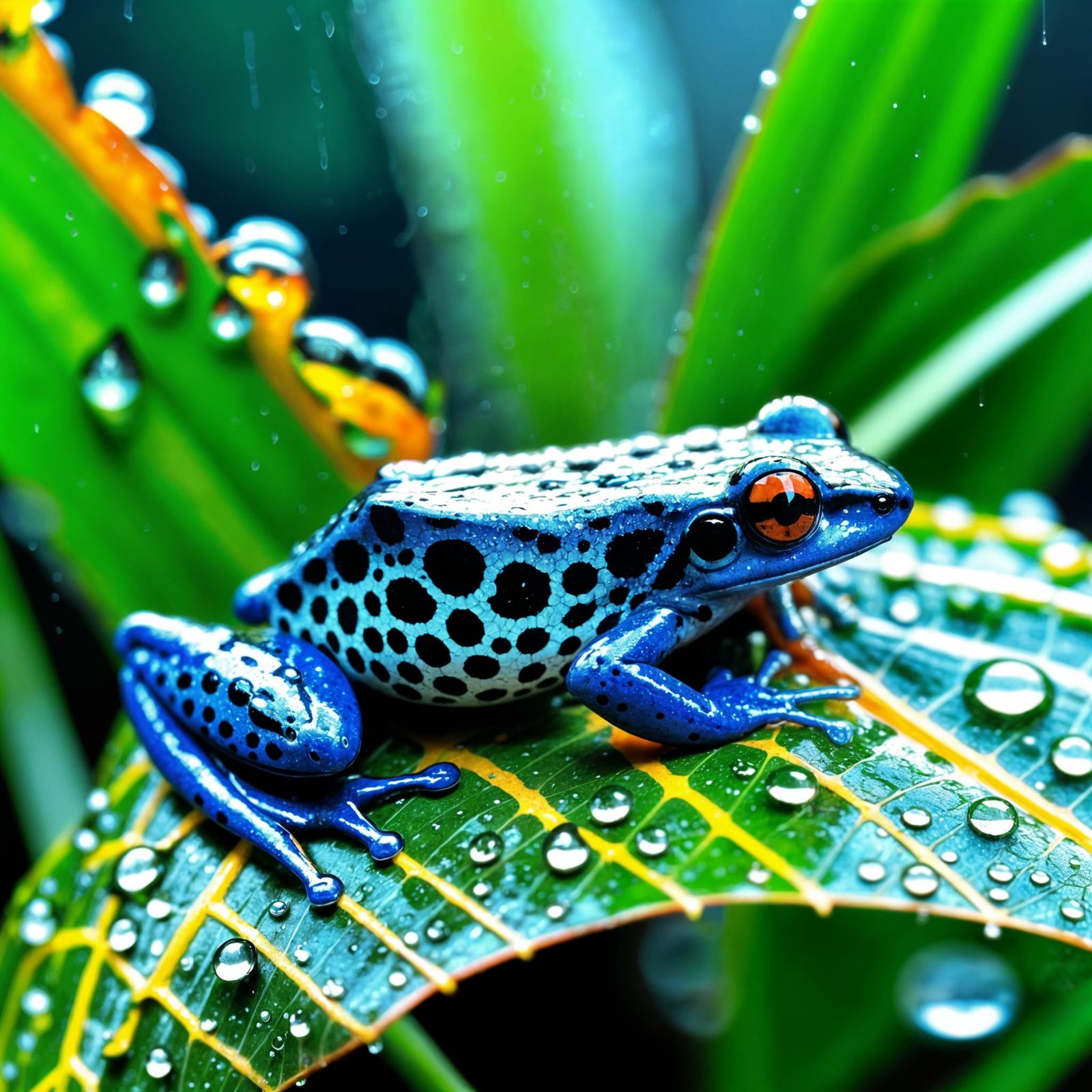 Rain Dew on Poison Dart Frog: Hyperrealistic Close-Up