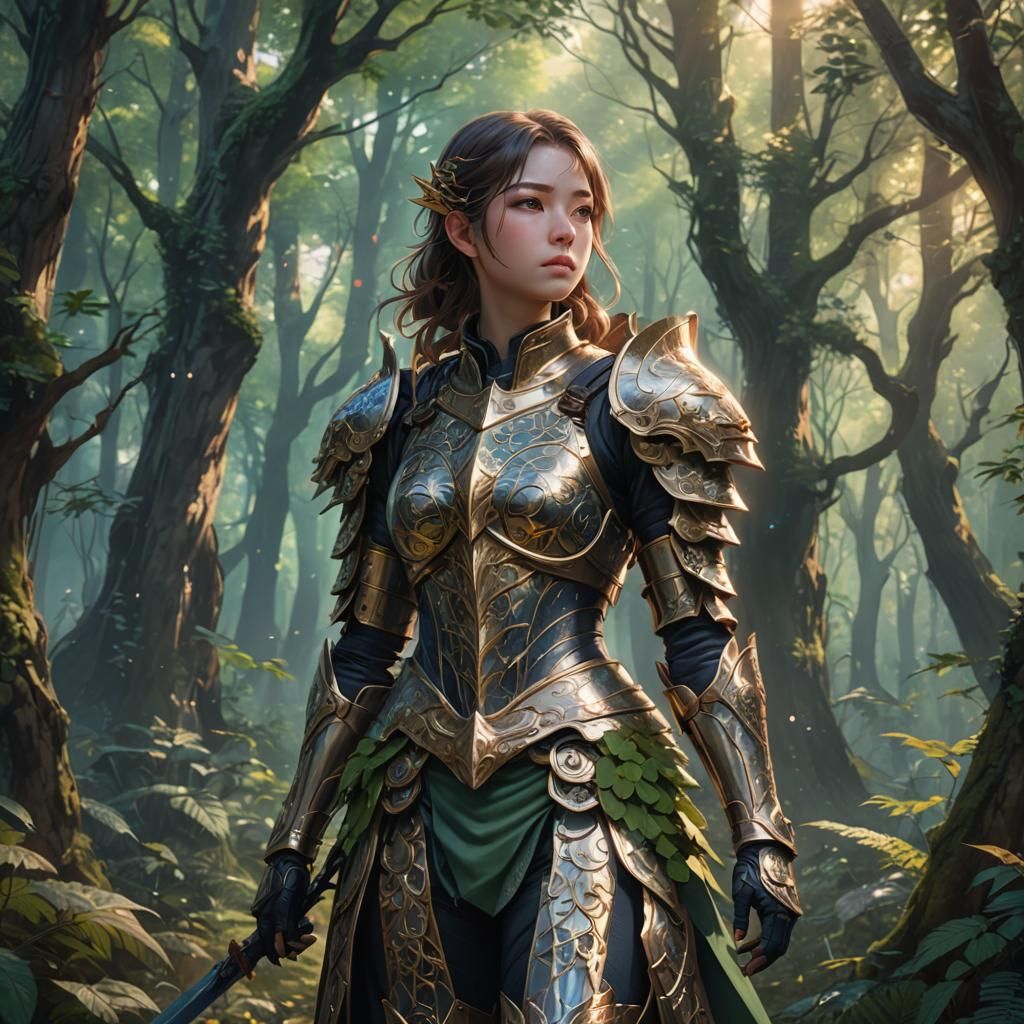 Armored Woman in Mystical Forest: Anime Art