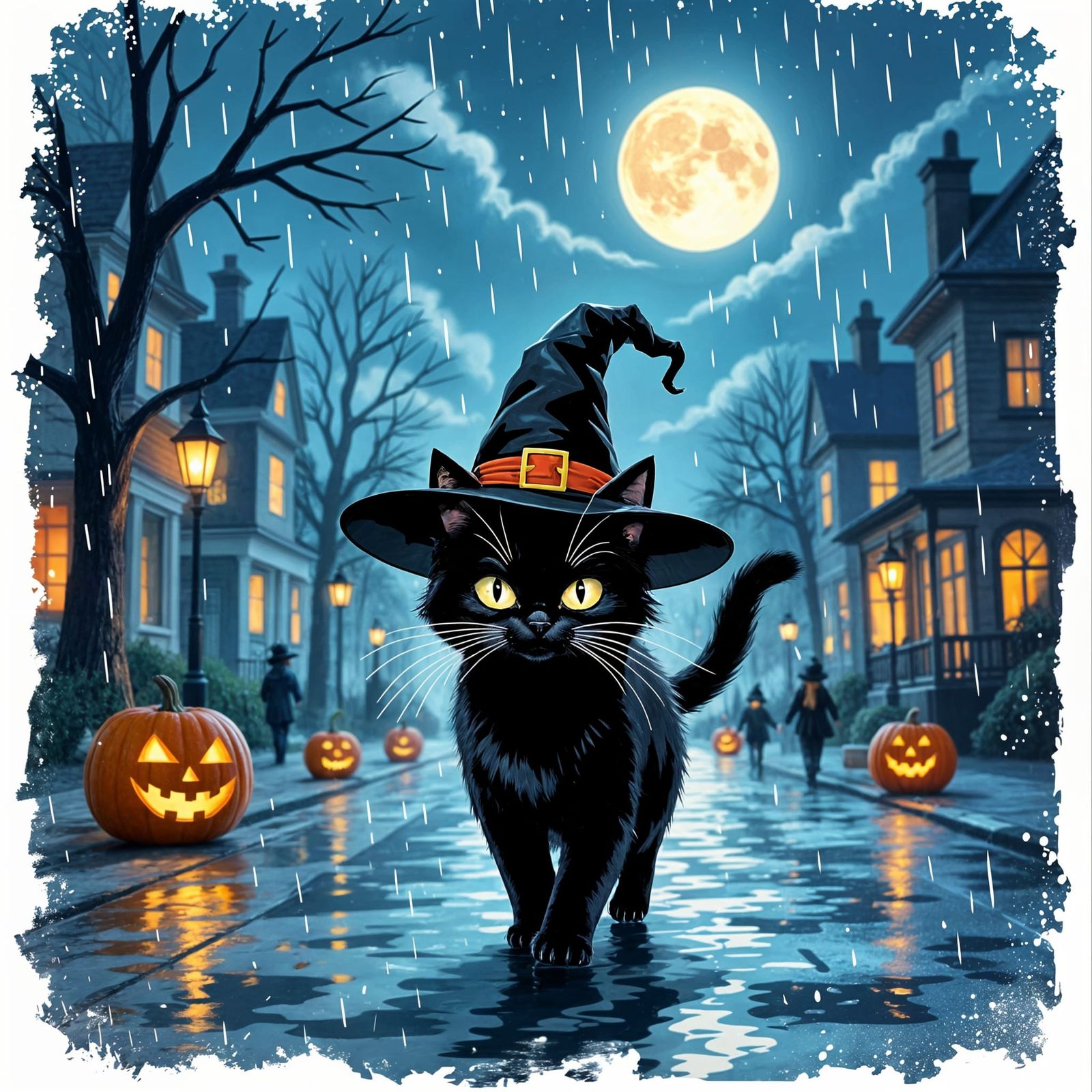 Black Cat on Wet Street with Witch Hat