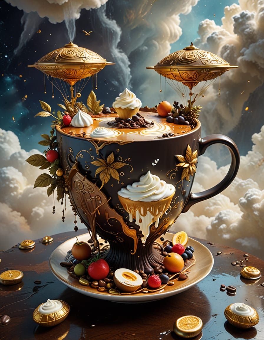 Surreal Floating Islands in Space, Coffee Impasto Style