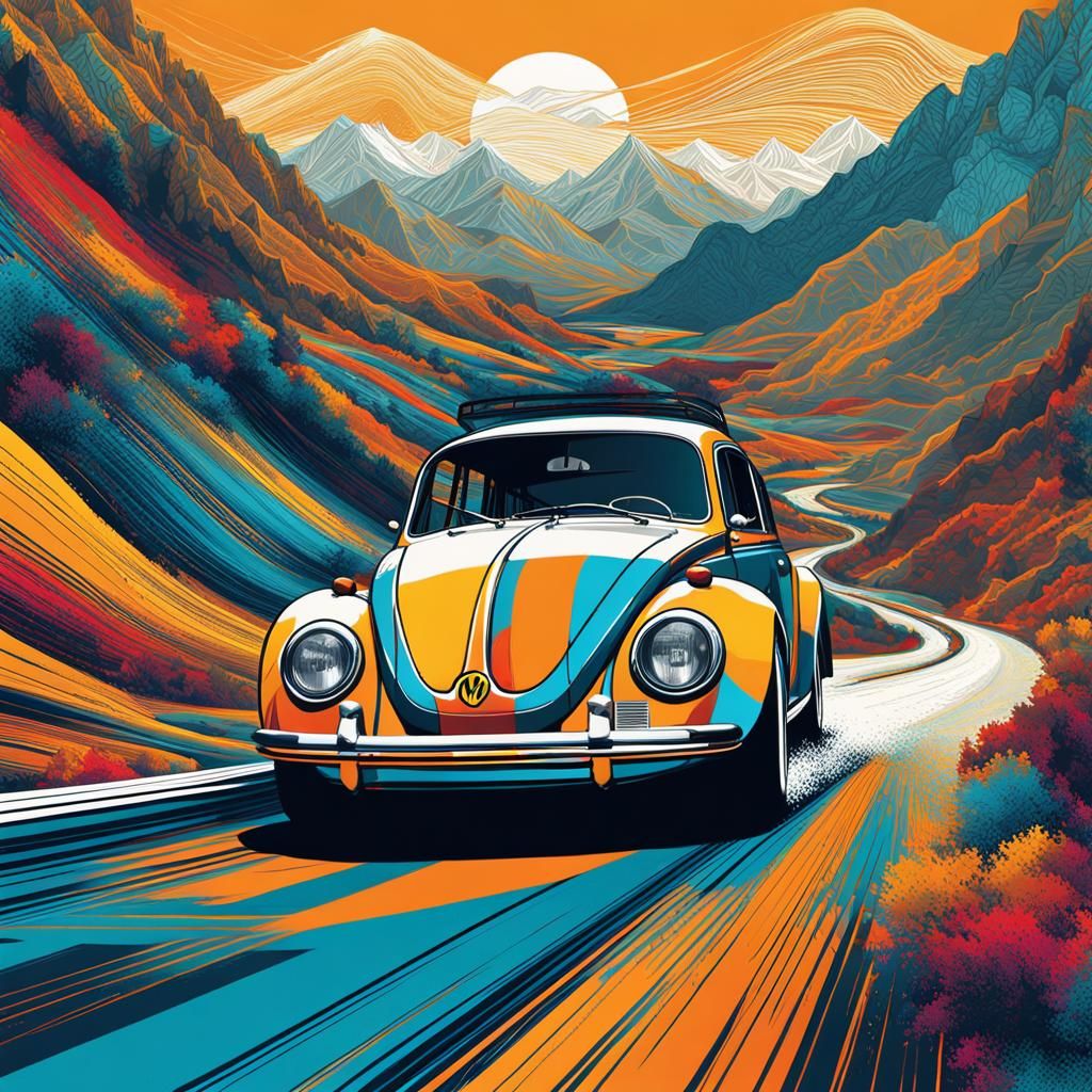 Volkswagen Beetle Races Through Mountains in Pop Art