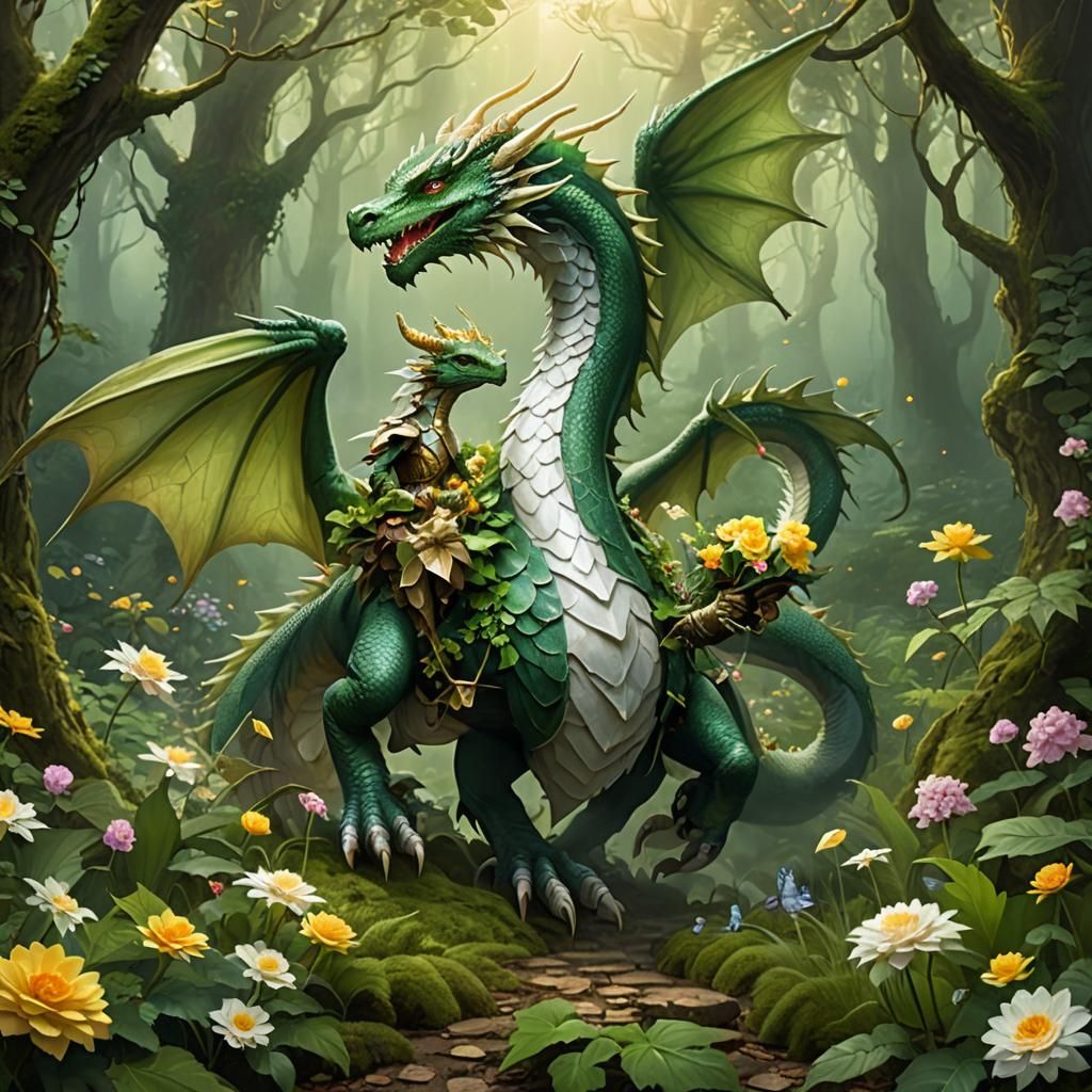 Green Dragon Courting White Dragon in Misty Forest