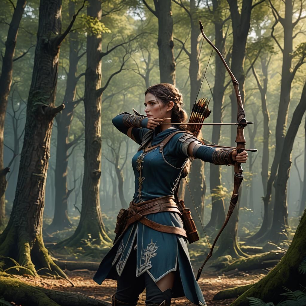 Female Archer in Forest: Detailed Fantasy Art