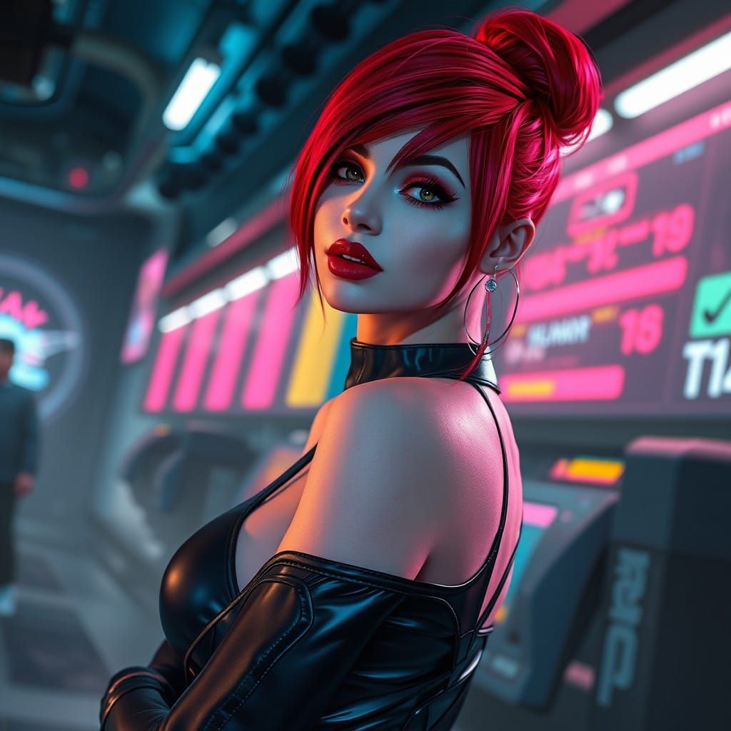 Glamorous Cyberpunk Goddess with Vibrant Red Hair