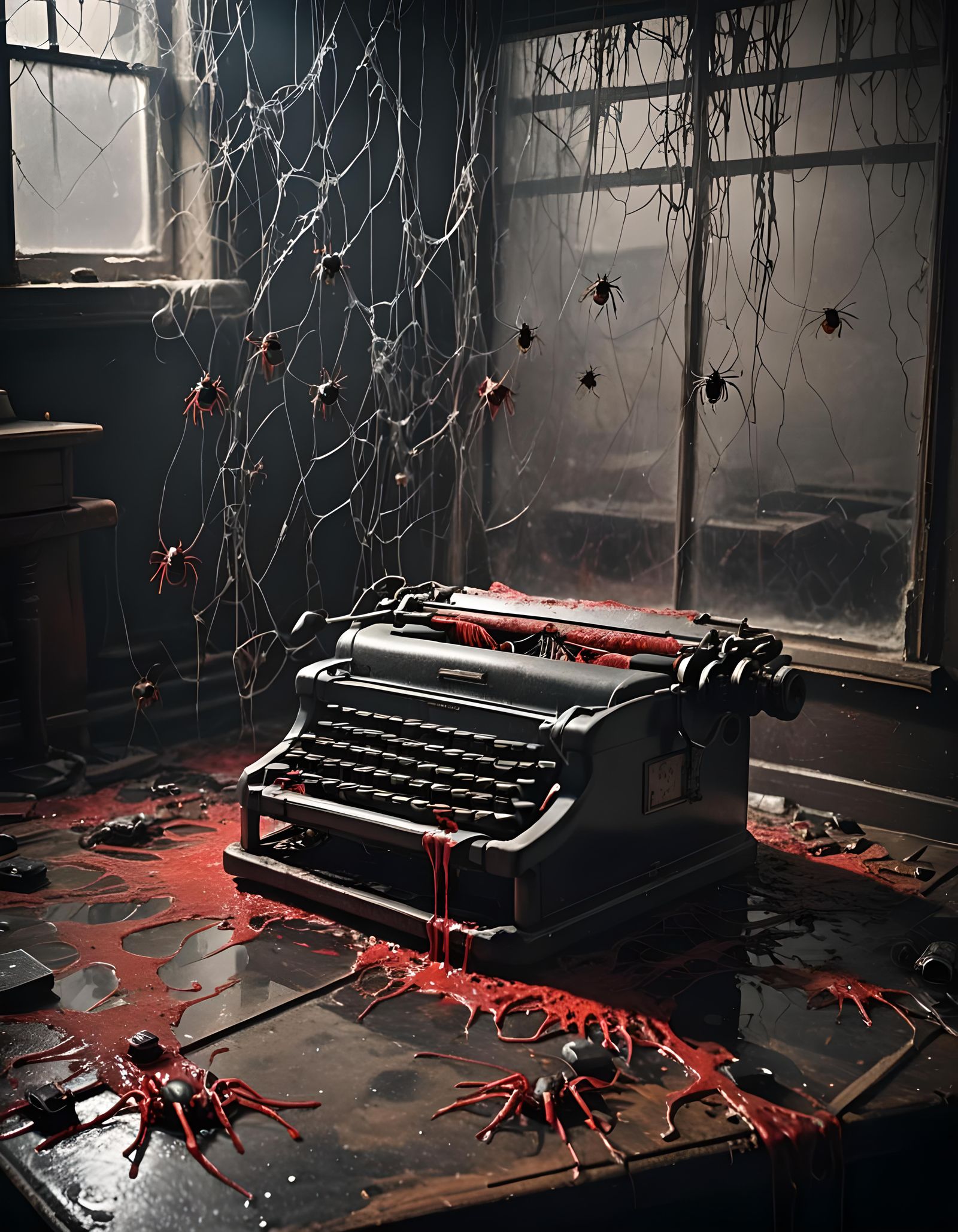 Creepy Spiders Crawling on Typewriter in Dark Room