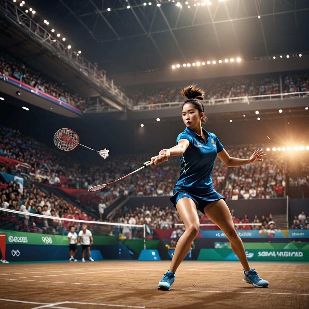 Female Badminton Player in Olympic Action, Detailed Matte Pa...