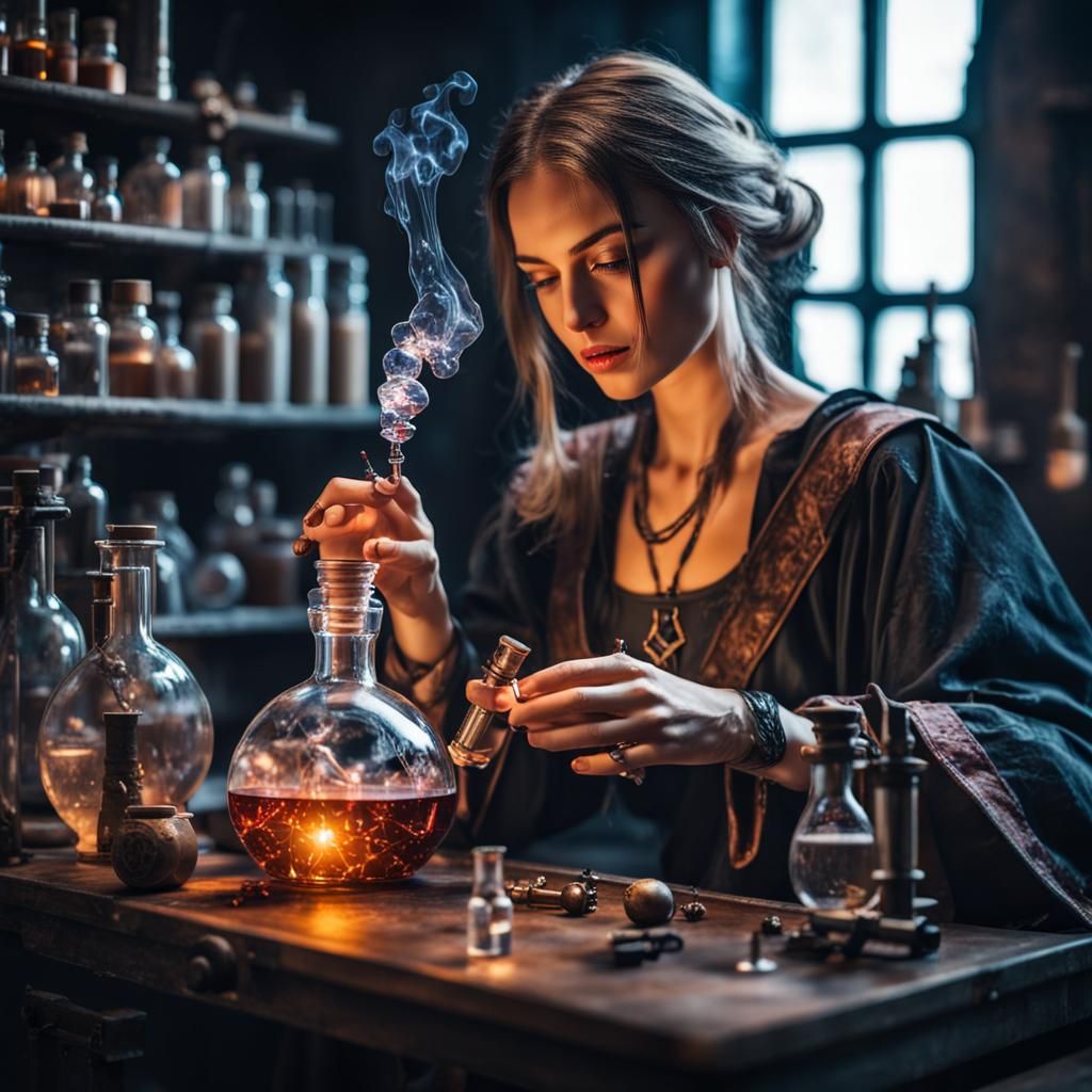 Cyberpunk Alchemist Girl Making Potions