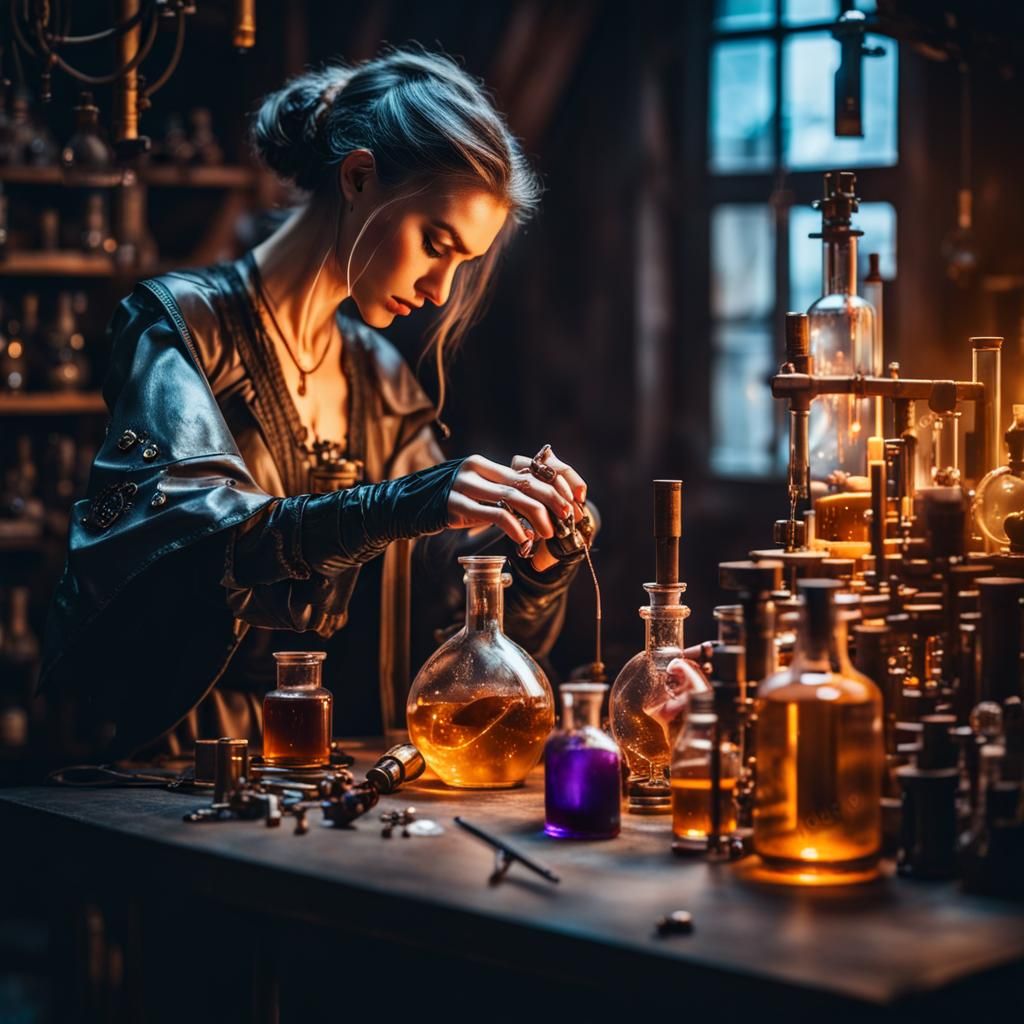 Cyberpunk Alchemist Girl Making Magical Potions
