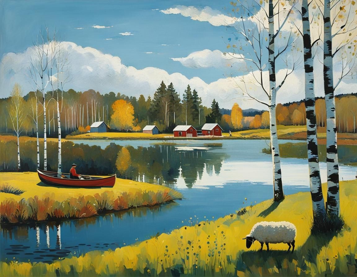 Swedish Farm Scene in Abstract Style