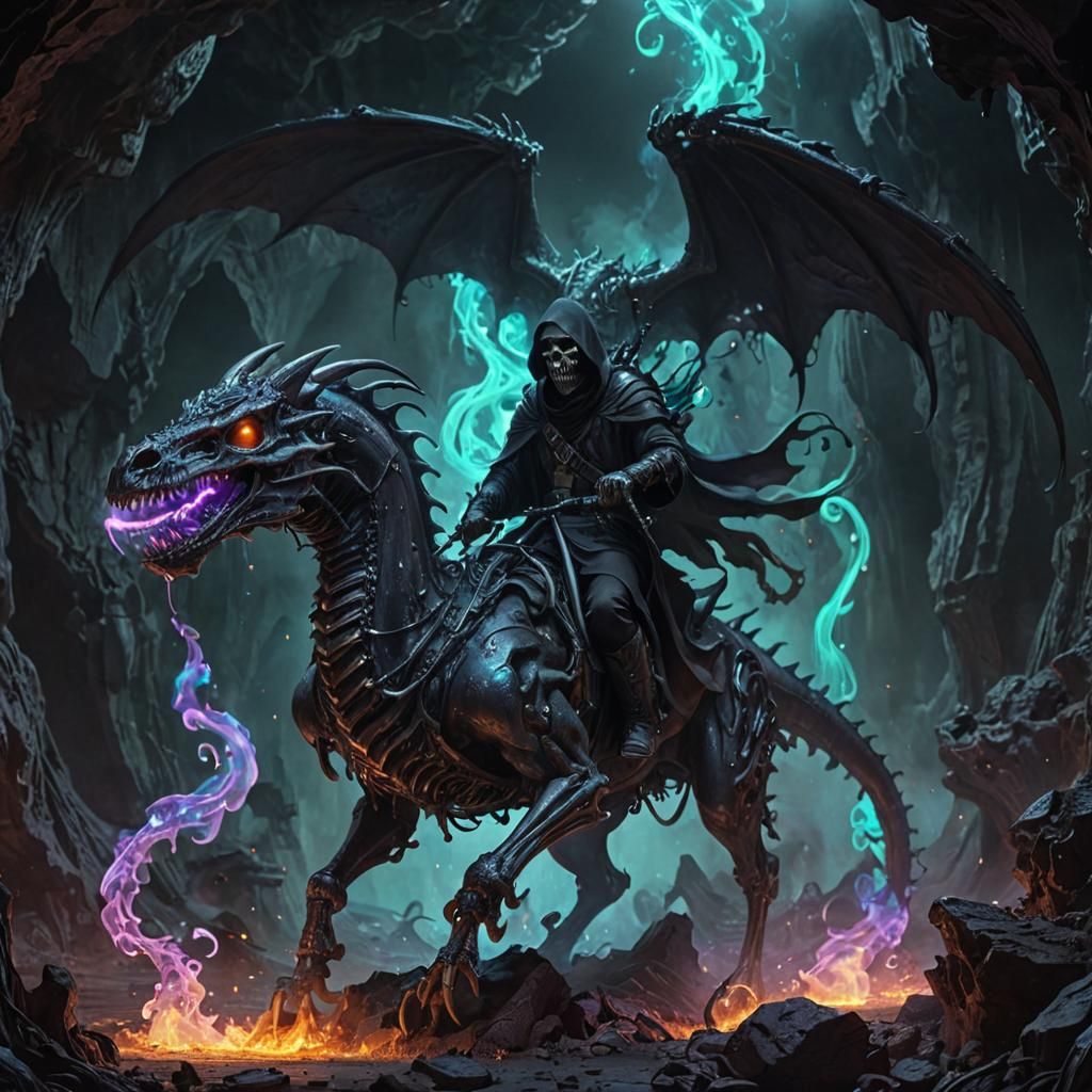 Grim Reaper Rides Dragon in Neon Cavern