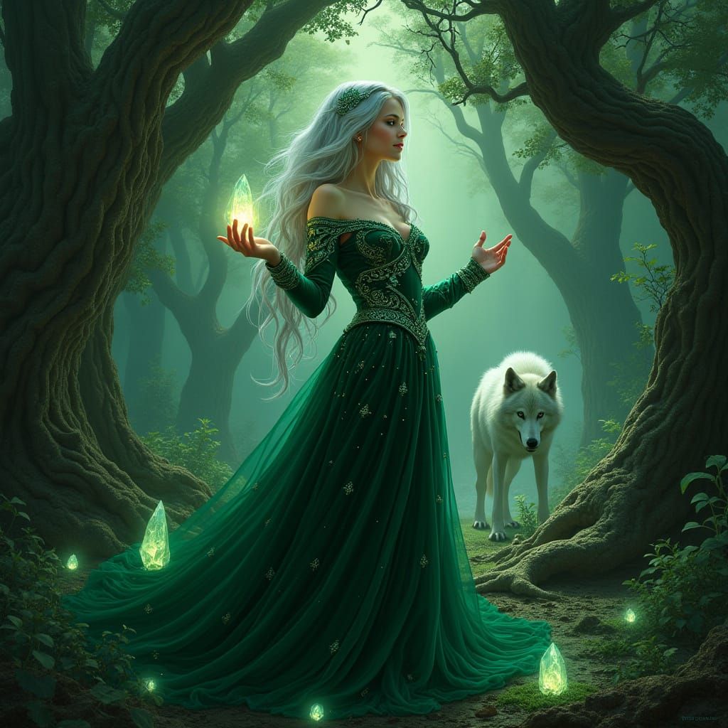 Enchantress in Emerald Velvet, Surrounded by Ancient Trees a...