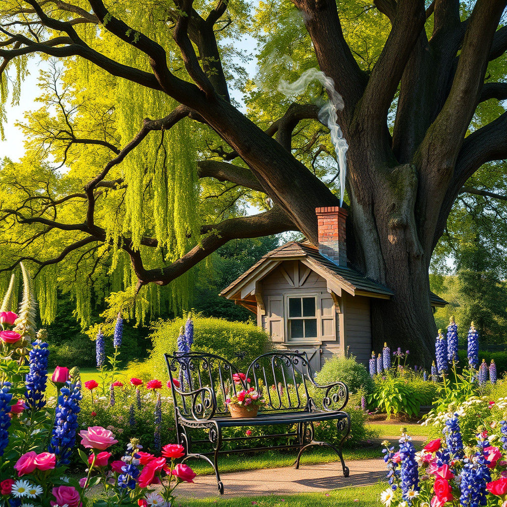 Wrought-Iron Bench in a Lush Flower Garden