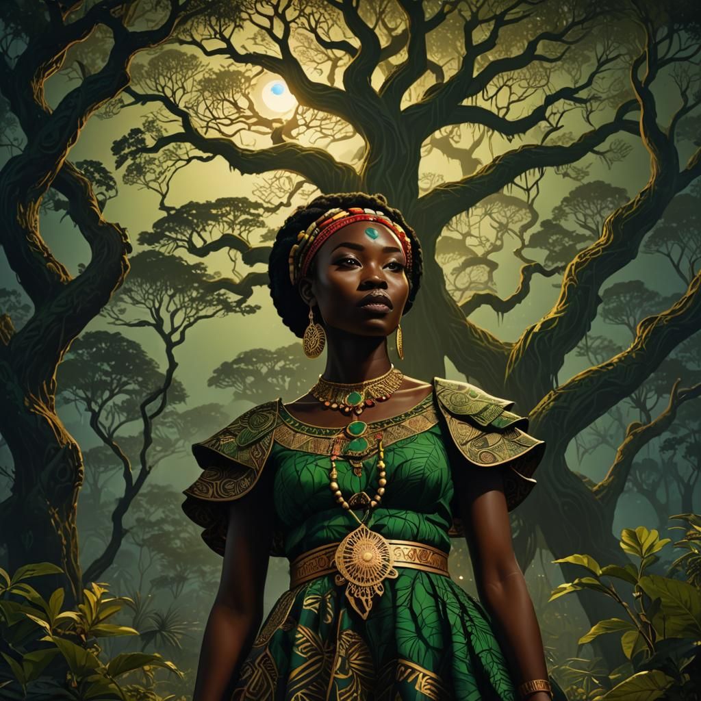 Igbo Woman and Forest Spirit, Digital Matte Painting