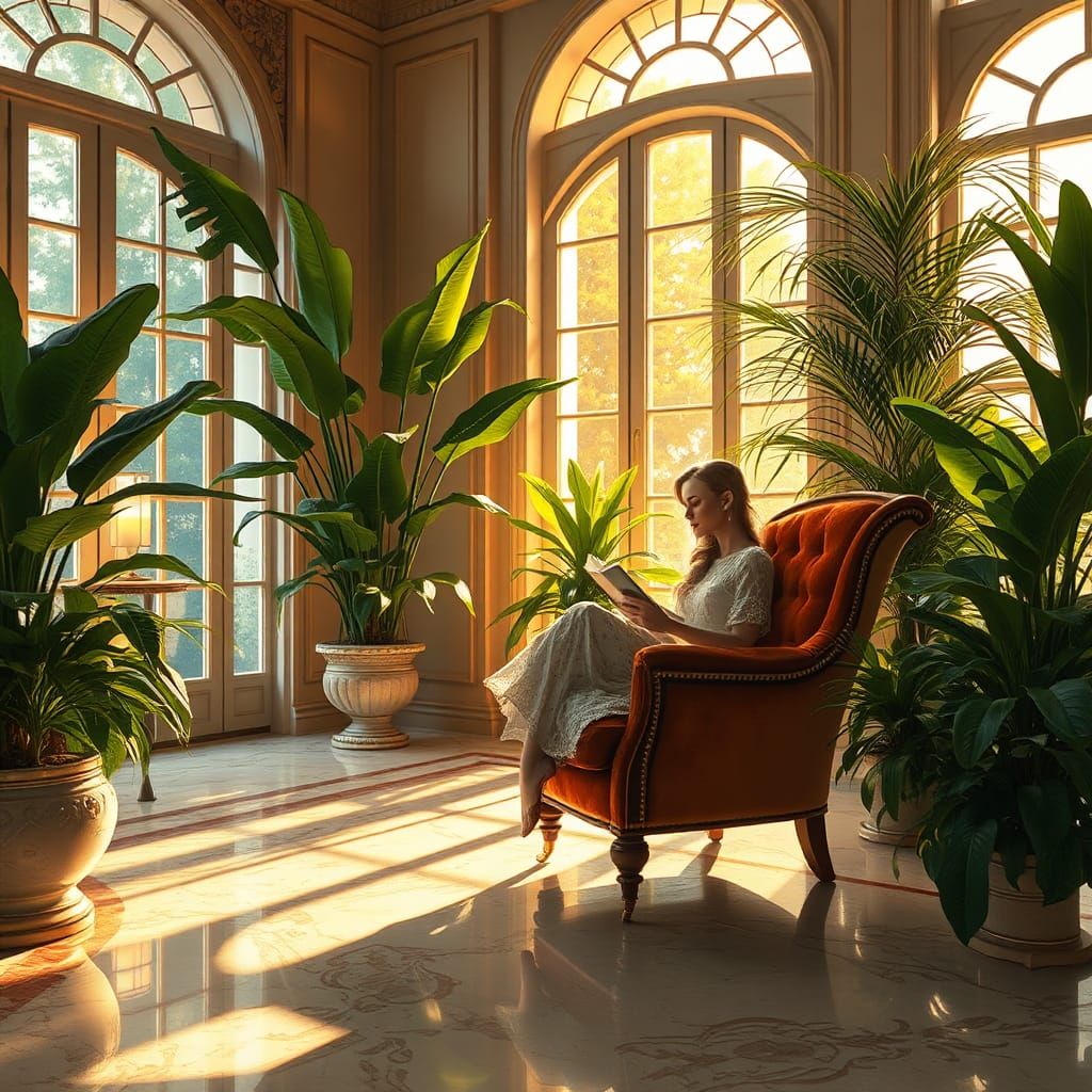 Lush Interior: Woman Reading in Sunlight, Whimsical Realism