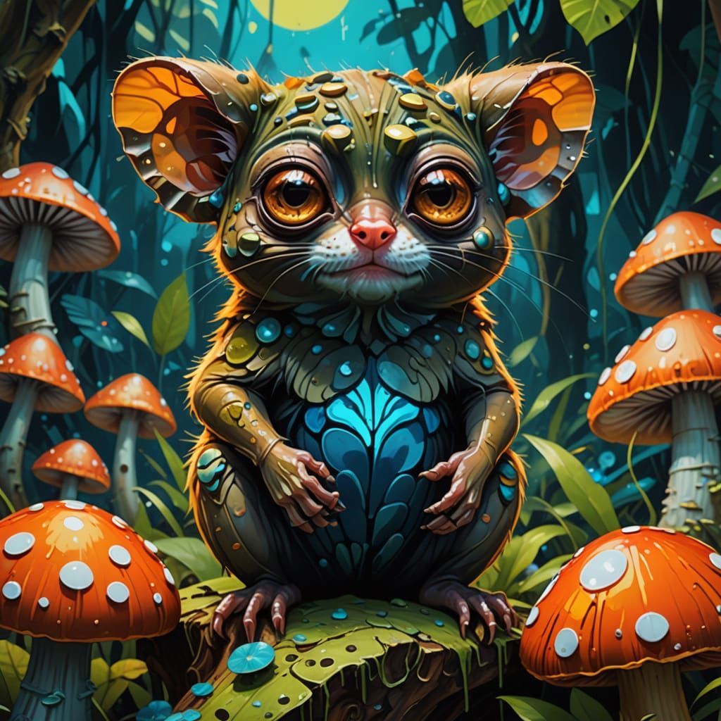 Surreal Cubist Portrait of a Tarsier Among Vibrant Mushrooms