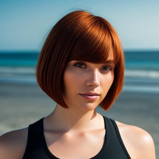 Young Woman with Red-Brown Bob Haircut on Beach