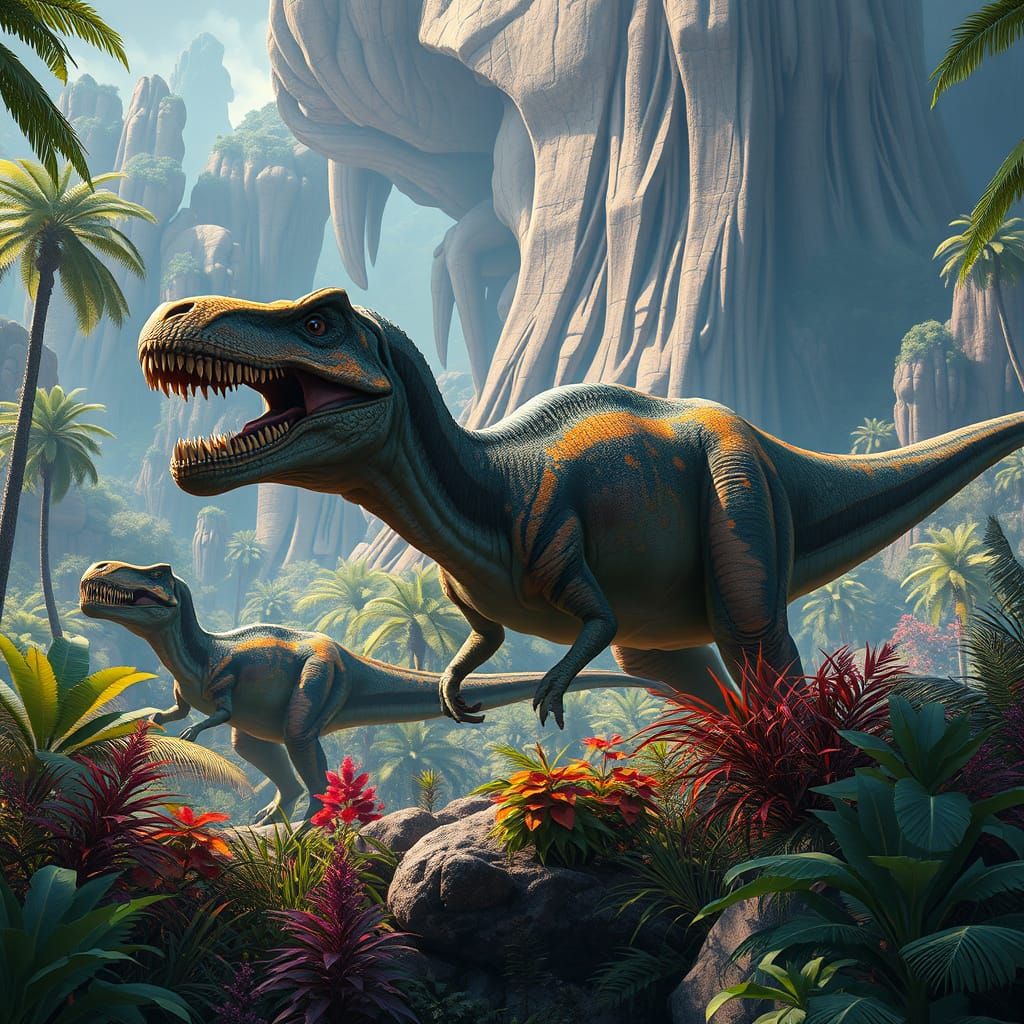 Dinosaurs in a Lush Jurassic Environment