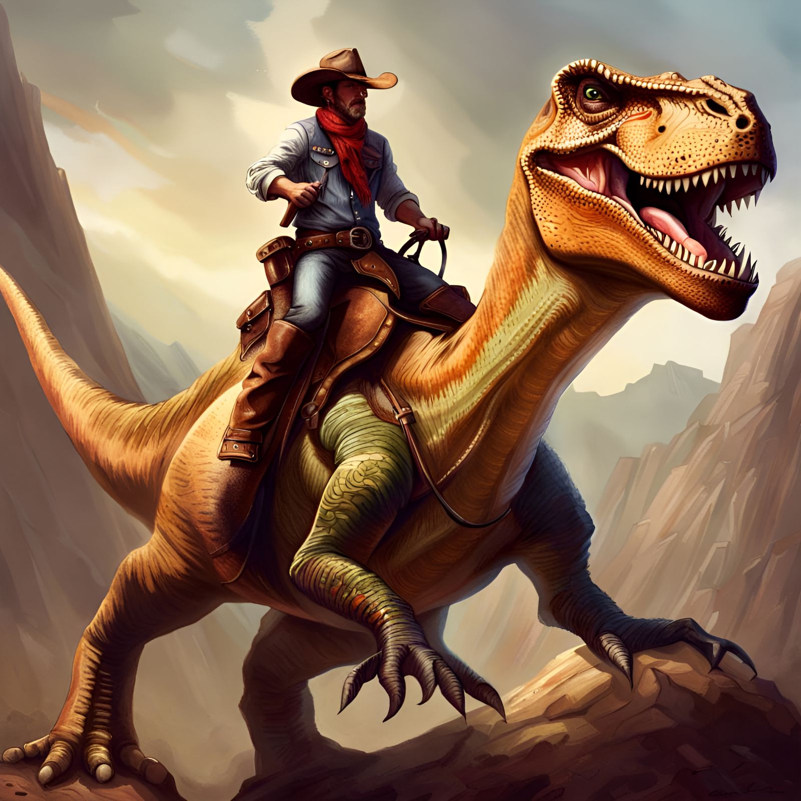 Cowboy Rides a Dinosaur in Fantasy Artwork