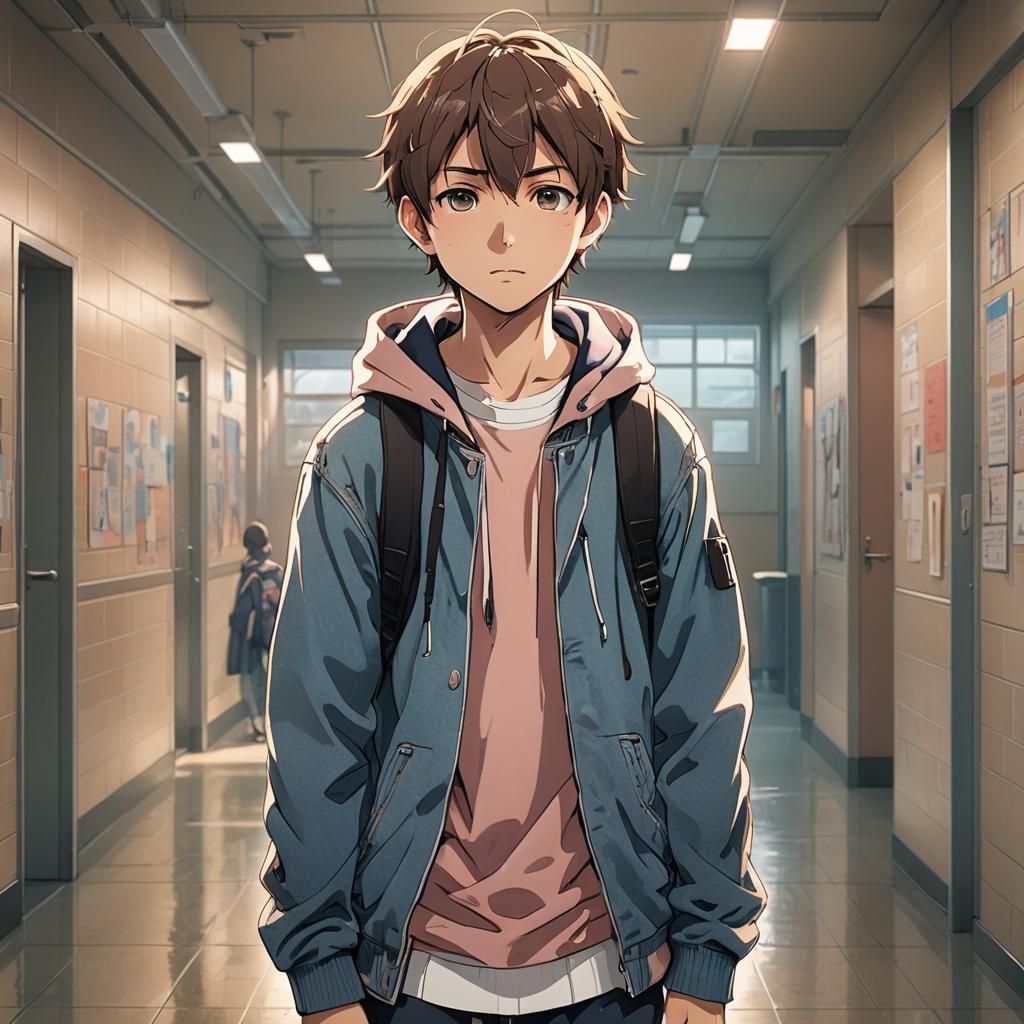 Japanese-Style Boy Stares Intensely in High School Hallway