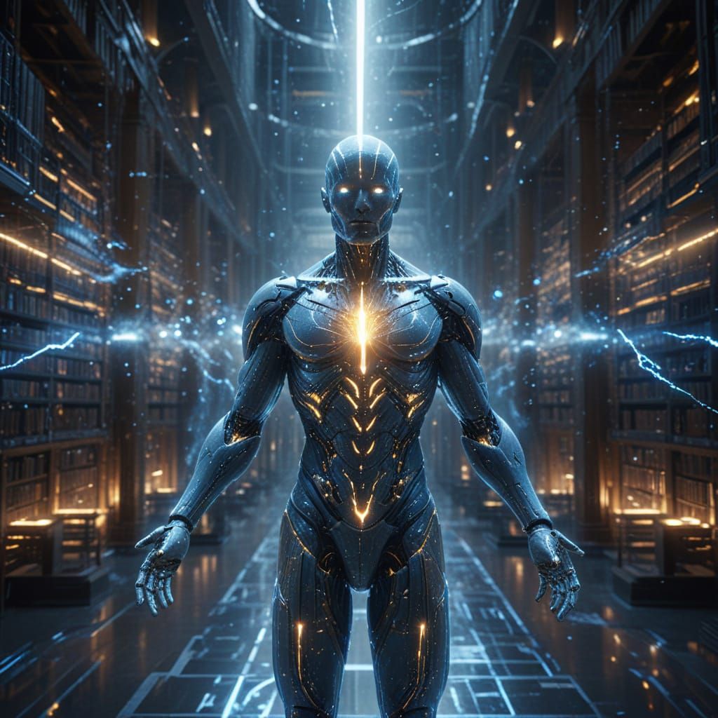 Luminous Humanoid in Celestial Library: Sci-Fi Artwork