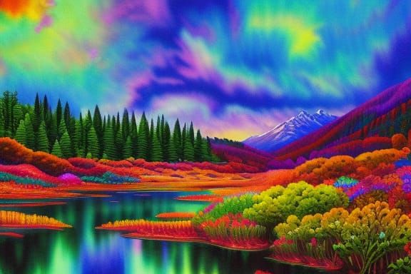 Psychedelic Mosaic Landscape in Watercolor Style