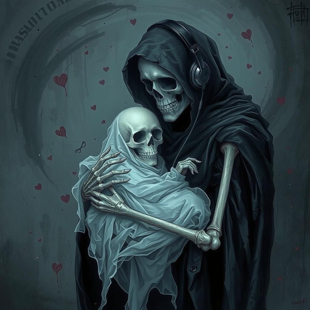 Grim Reaper Listens to Music Amidst Spectral Confetti