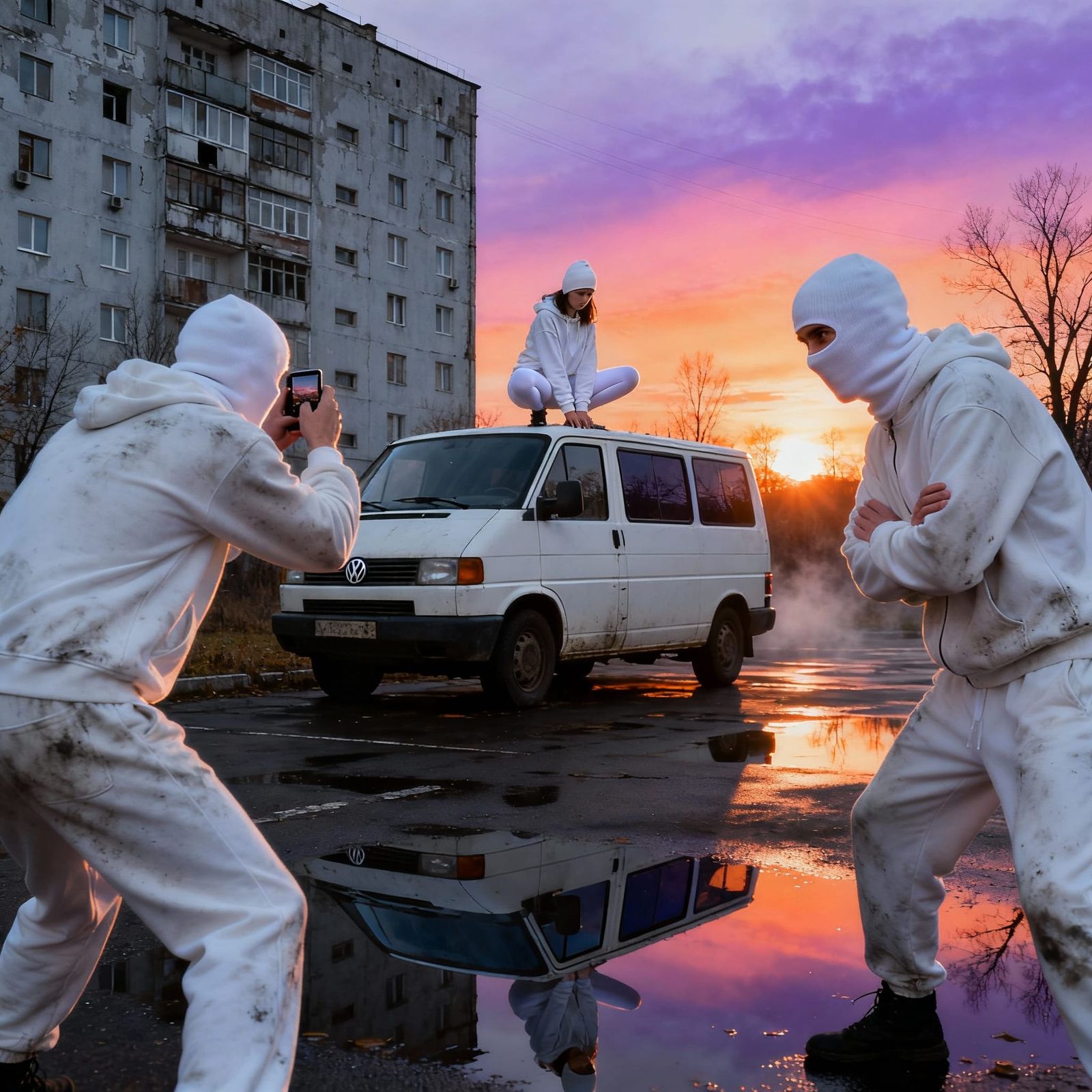 Cinematic Movie Poster: Figures in Tracksuits on Rooftop