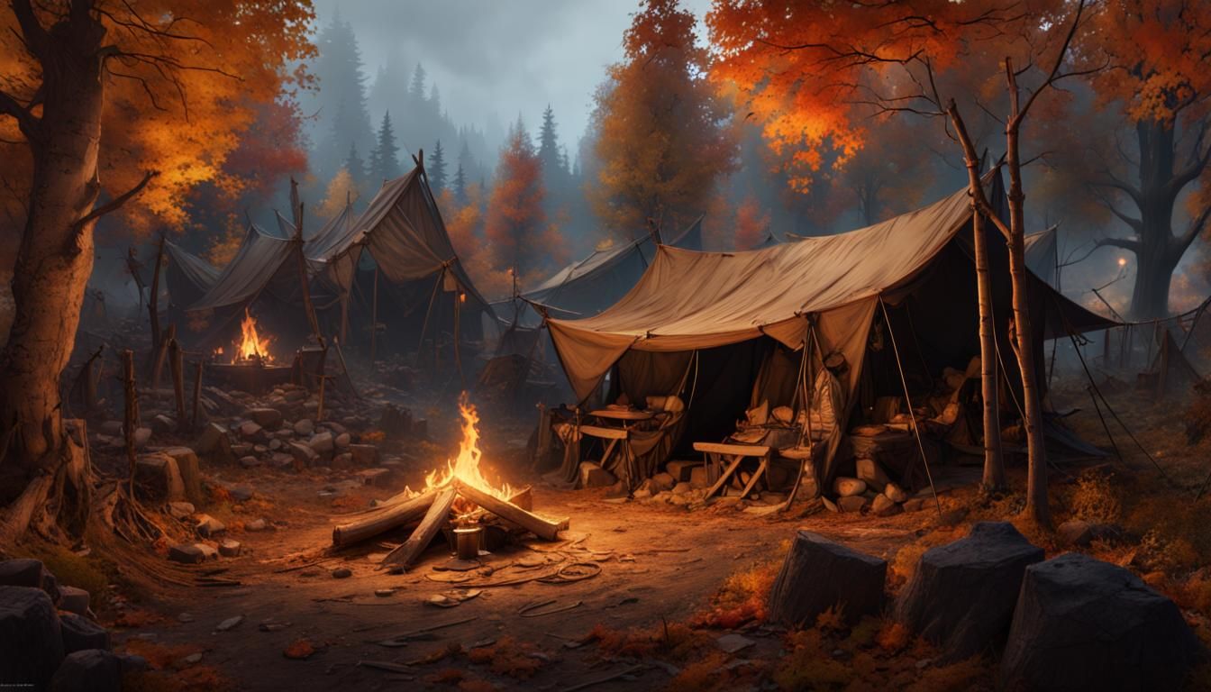 Medieval Survivor Camp in Autumn, Dark Fantasy Art