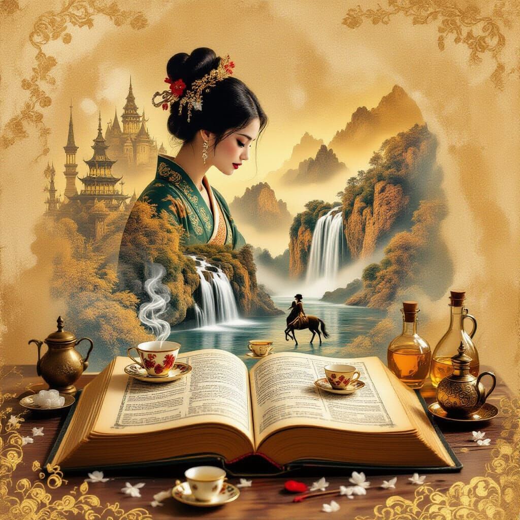 Ancient Book Reveals Magical Waterfall World in Golden Hues