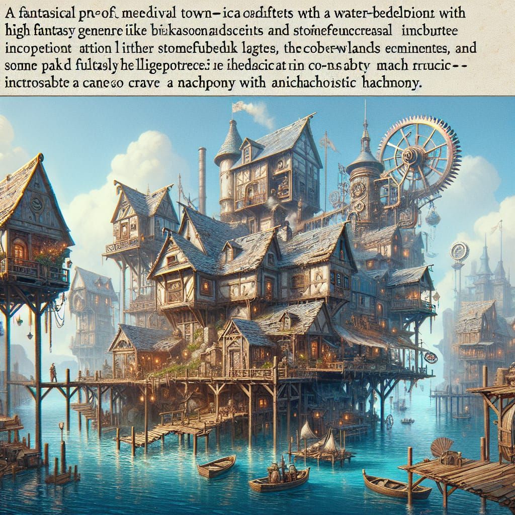 Medieval Water Town on Stilts with Steampunk Elements