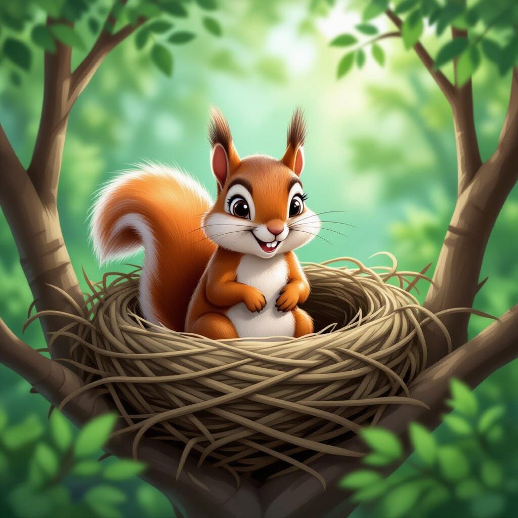 Mischievous Squirrel's Forest Prank in Cartoon Style
