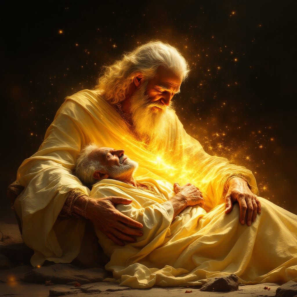 Man Ascends to God's Embrace in Ethereal Style