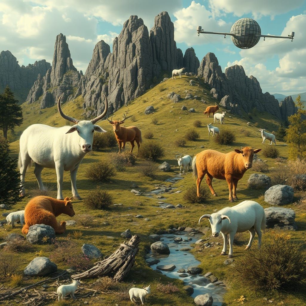 Surreal Picklecore Landscape with Whimsical Animals