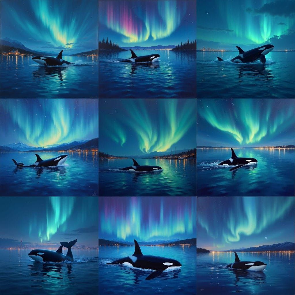 Northern Lights Reflecting on Bay with Orca