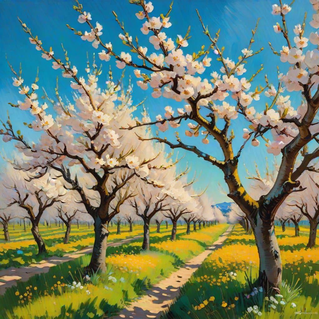 Apricot Orchard in Impressionist Style