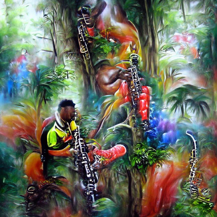 a black man saxophonist in the tropical forest colourful art...