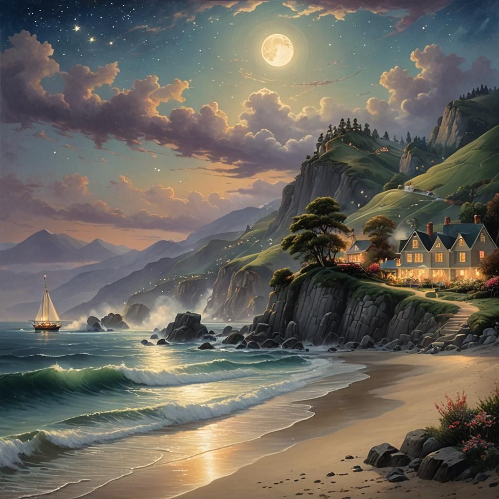 Enchanting Moonlit Beach in Ethereal Fantasy Style