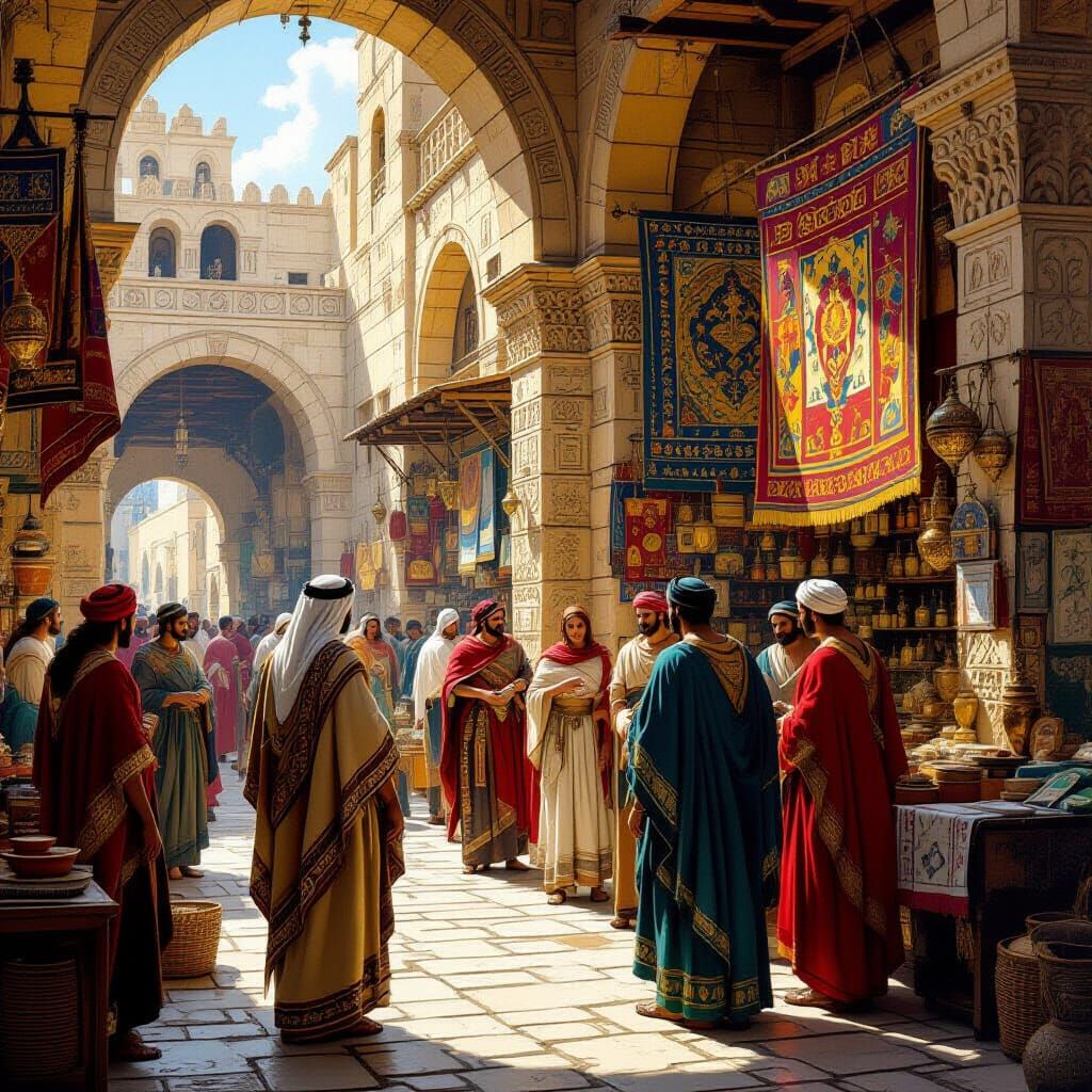 Phoenician Merchants in a Bustling Classical Marketplace