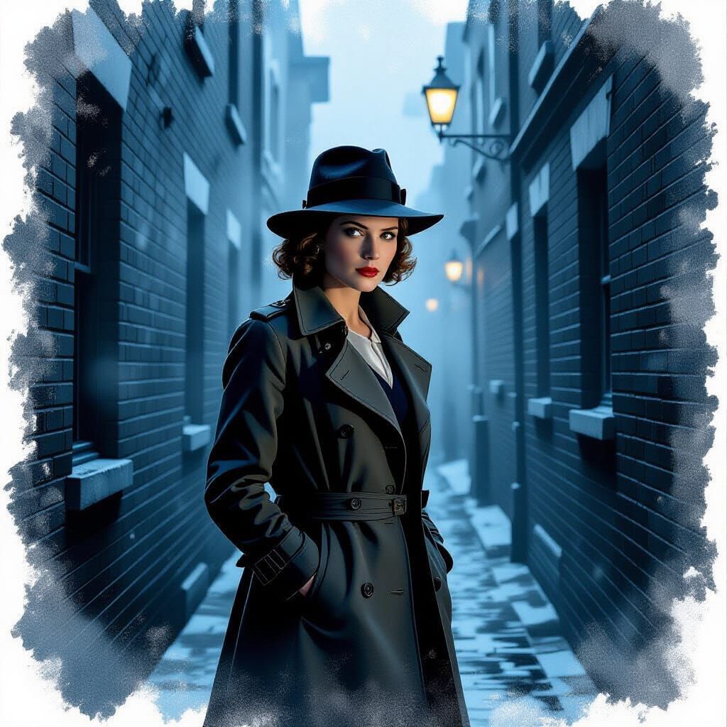 Determined Detective Investigates Foggy London Alley